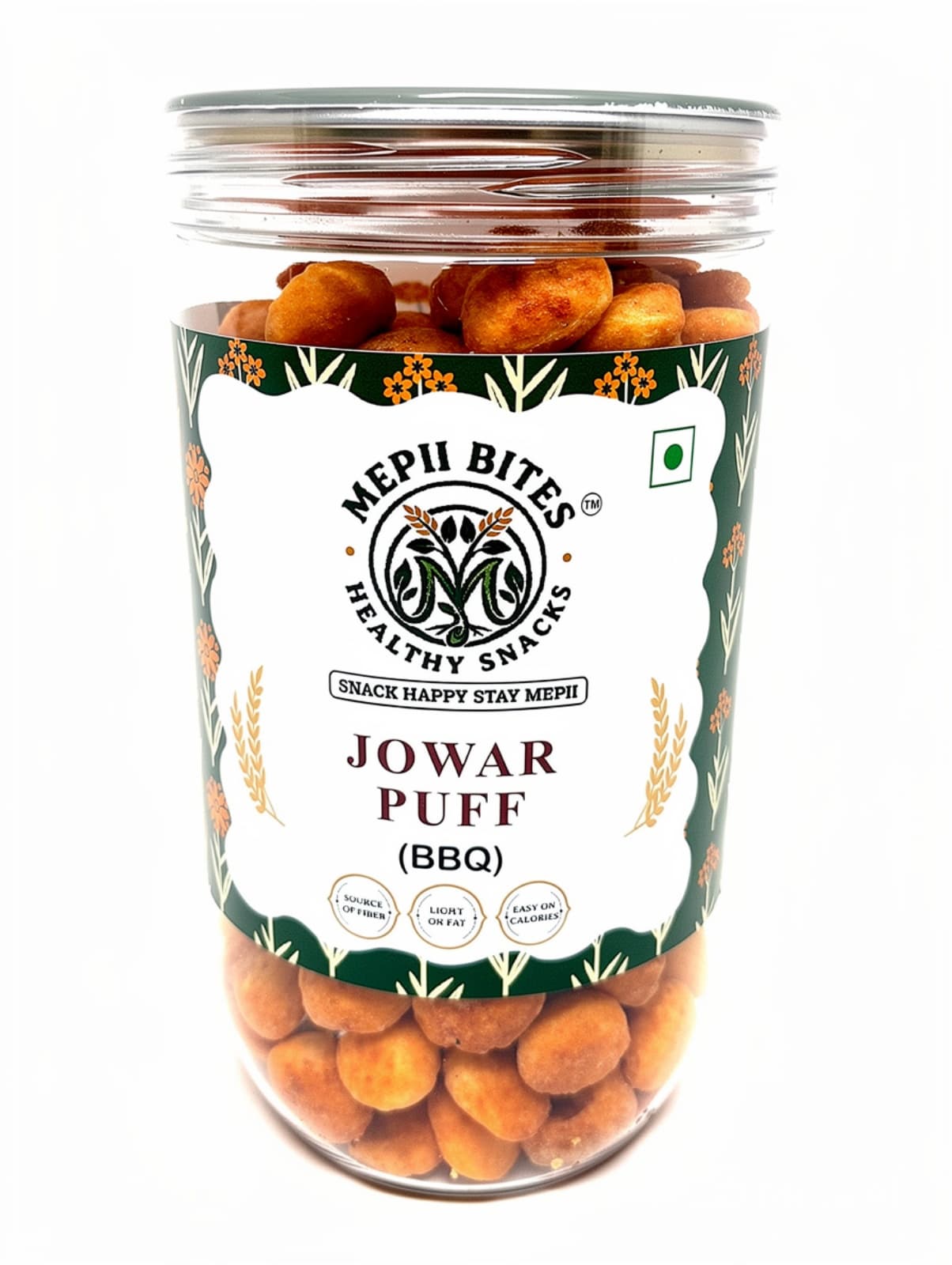 Featherlight Jowar Puffs tossed in smoky BBQ paprika spices.